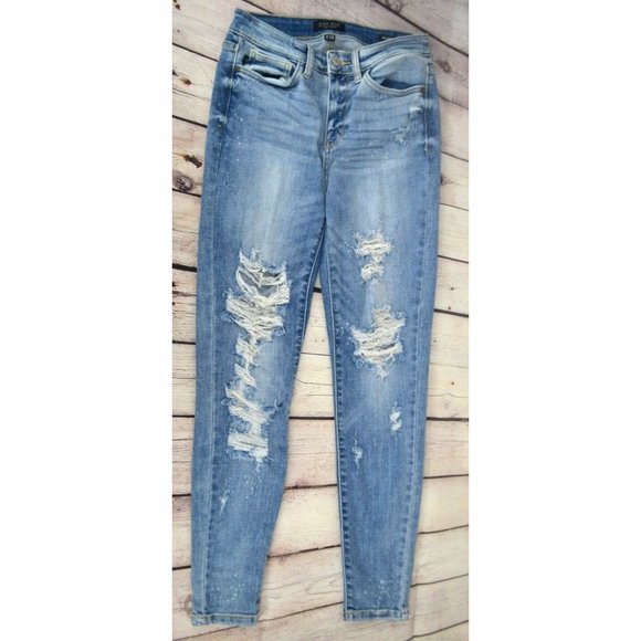 JUDY BLUE Women's Bleach Destroyed High Rise Skinny Jeans SIZE‎ 3 Light Wash - Picture 6 of 10